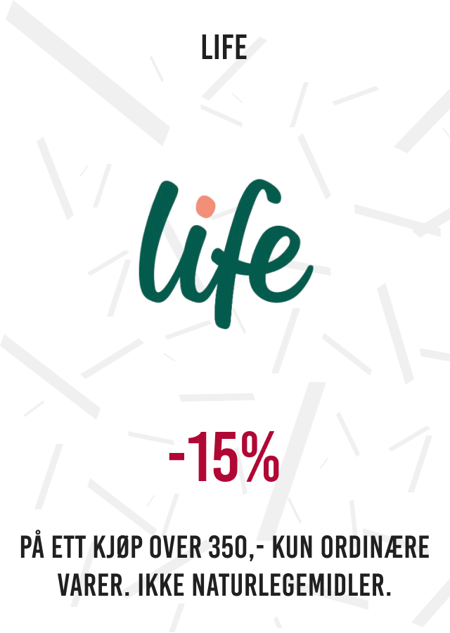 15% På ett kjøp over 350,- Kun ordinære varer. Ikke naturlegemidler.